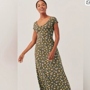 Pact | Green Orange Floral Fit and Flare Maxi Dress ~ L
